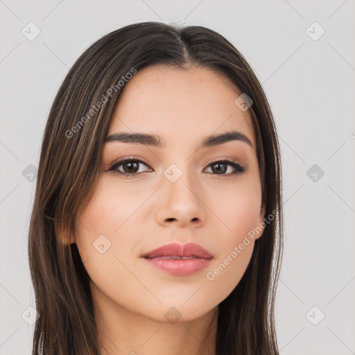 Neutral white young-adult female with long  brown hair and brown eyes