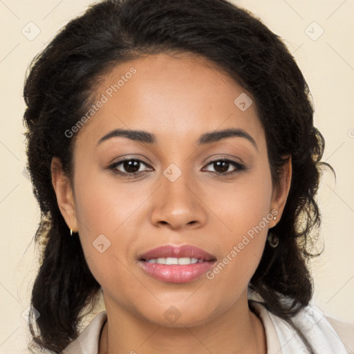 Joyful latino young-adult female with long  brown hair and brown eyes