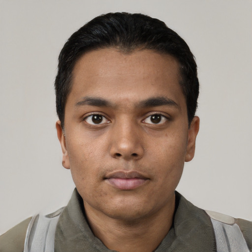 Neutral latino young-adult male with short  black hair and brown eyes