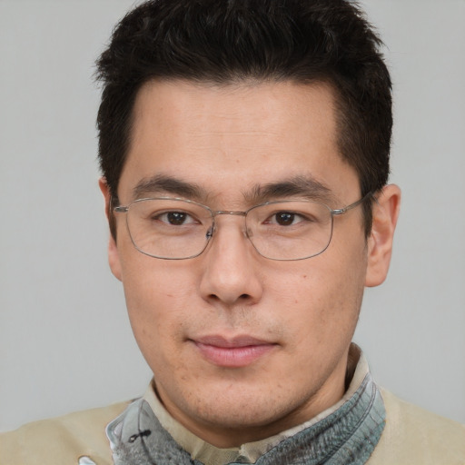Neutral asian adult male with short  brown hair and brown eyes