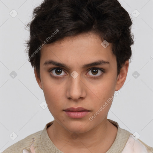 Neutral white young-adult female with short  brown hair and brown eyes