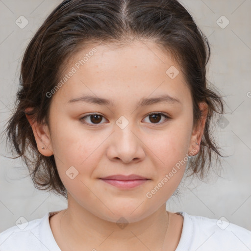 Joyful white child female with medium  brown hair and brown eyes