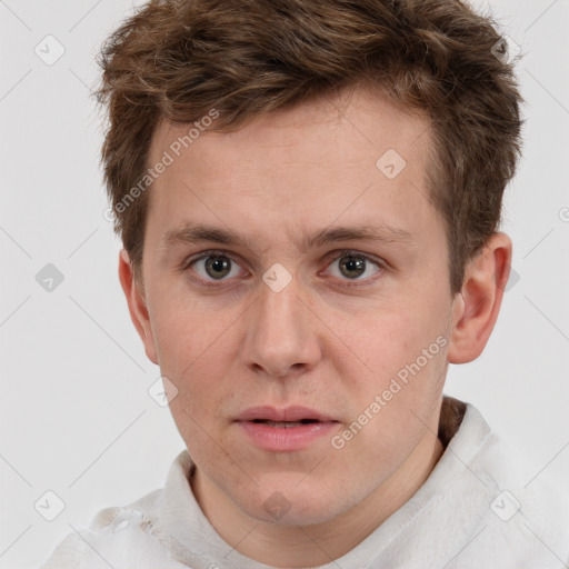 Neutral white young-adult male with short  brown hair and grey eyes