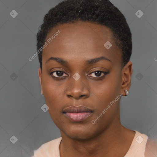 Neutral black young-adult female with short  black hair and brown eyes