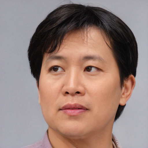 Joyful asian adult female with medium  brown hair and brown eyes