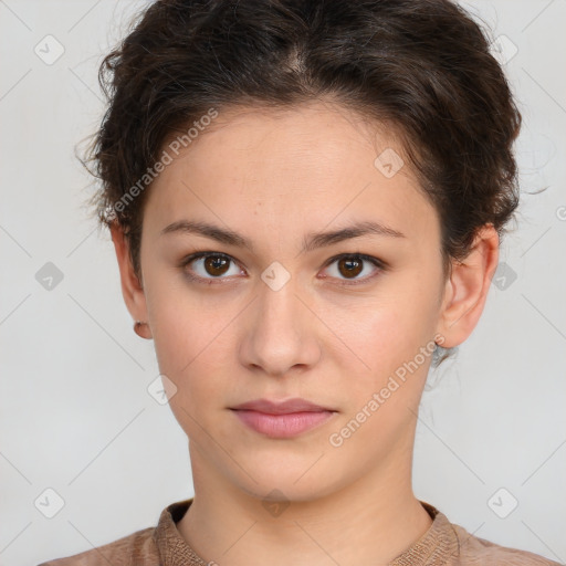 Neutral white young-adult female with short  brown hair and brown eyes