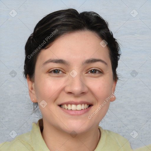 Joyful white young-adult female with medium  brown hair and brown eyes