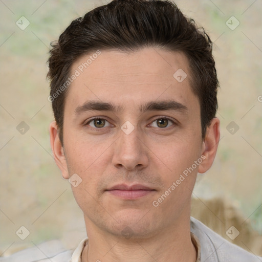 Neutral white young-adult male with short  brown hair and brown eyes