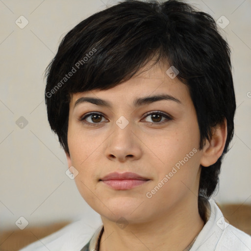 Neutral asian young-adult female with medium  brown hair and brown eyes