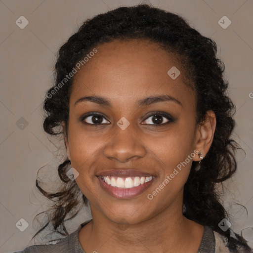 Joyful black young-adult female with medium  black hair and brown eyes