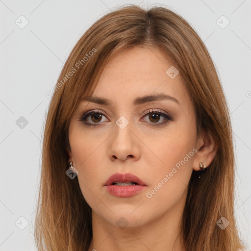 Neutral white young-adult female with long  brown hair and brown eyes