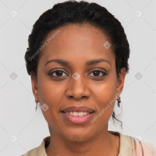 Joyful latino young-adult female with short  black hair and brown eyes