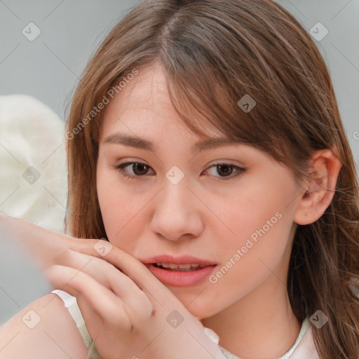 Neutral white young-adult female with medium  brown hair and brown eyes