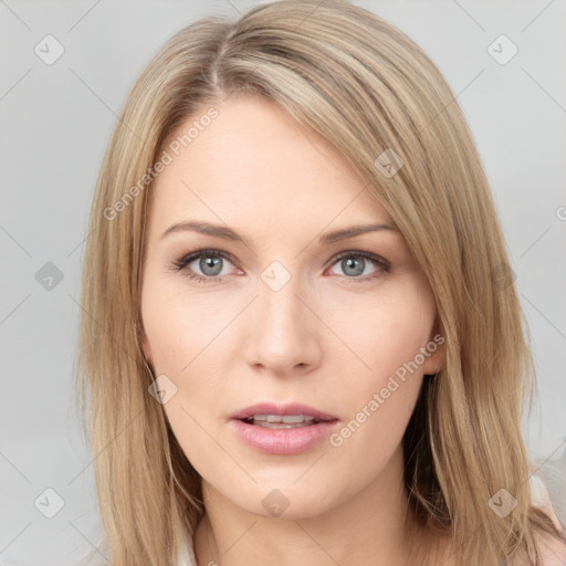 Neutral white young-adult female with long  brown hair and grey eyes