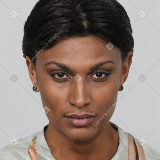 Neutral latino young-adult female with short  brown hair and brown eyes