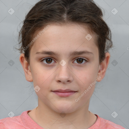 Joyful white child female with short  brown hair and brown eyes