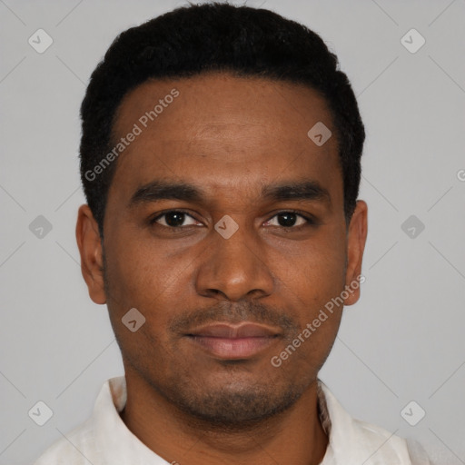 Neutral black young-adult male with short  black hair and brown eyes