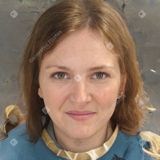 Joyful white adult female with medium  brown hair and blue eyes