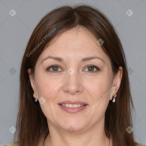 Joyful white adult female with medium  brown hair and grey eyes