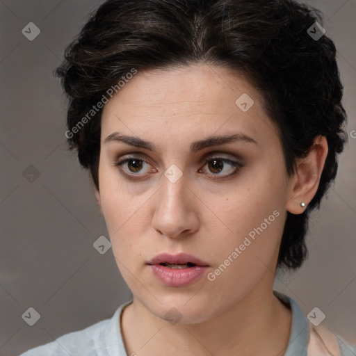 Neutral white young-adult female with medium  brown hair and brown eyes