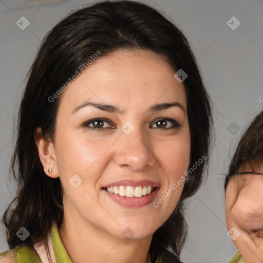 Joyful white young-adult female with medium  brown hair and brown eyes