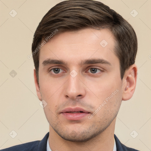 Neutral white young-adult male with short  brown hair and brown eyes