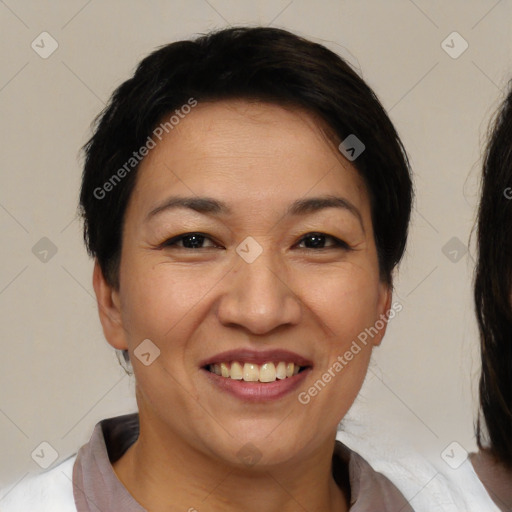 Joyful white adult female with short  brown hair and brown eyes