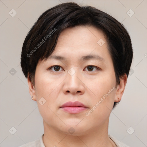 Neutral asian young-adult male with short  brown hair and brown eyes