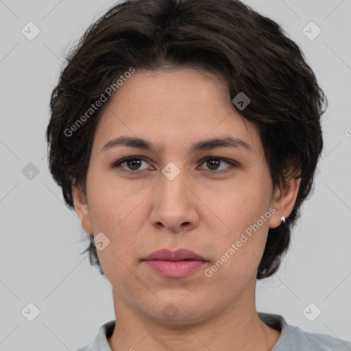 Neutral white young-adult female with short  brown hair and brown eyes