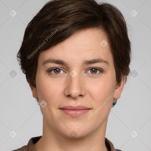 Joyful white young-adult female with short  brown hair and grey eyes