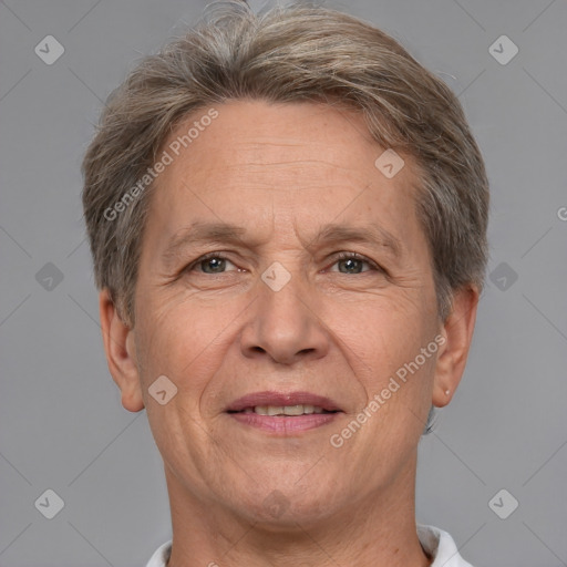 Joyful white middle-aged male with short  brown hair and brown eyes