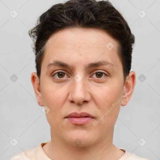 Neutral white young-adult female with short  brown hair and brown eyes