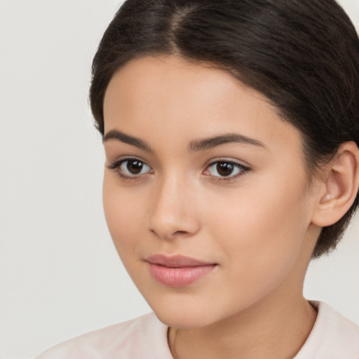 Neutral white young-adult female with medium  brown hair and brown eyes