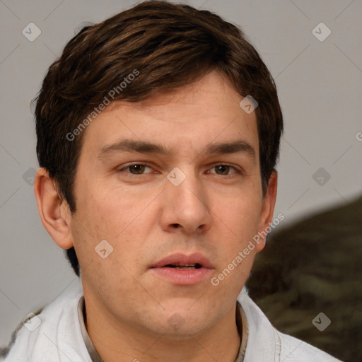 Neutral white young-adult male with short  brown hair and brown eyes