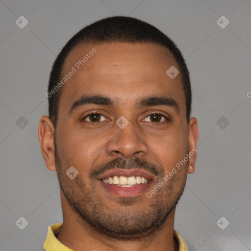 Joyful latino young-adult male with short  brown hair and brown eyes