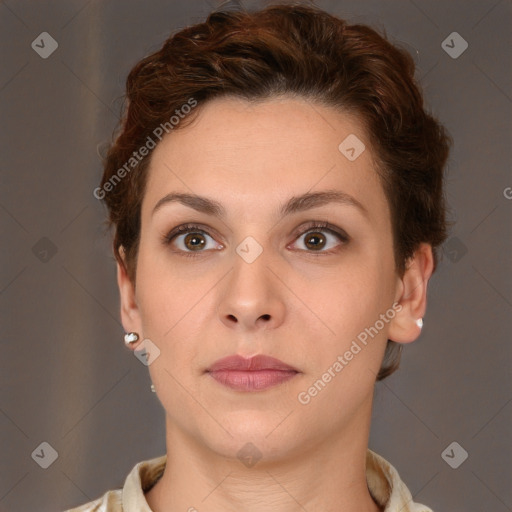 Neutral white young-adult female with short  brown hair and brown eyes