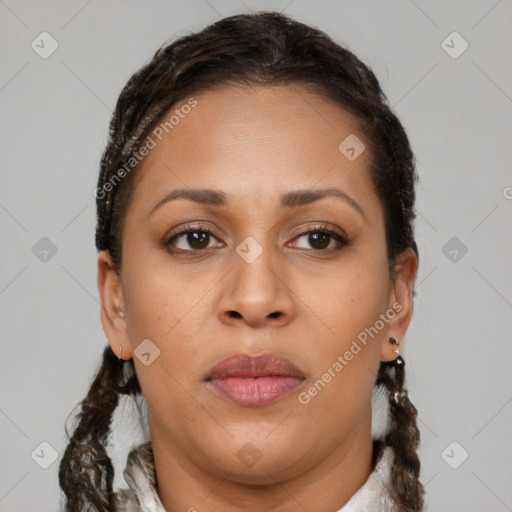 Joyful latino young-adult female with short  brown hair and brown eyes