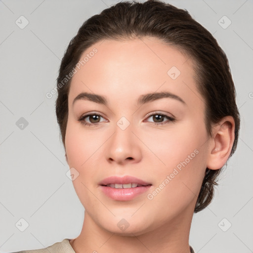 Neutral white young-adult female with short  brown hair and brown eyes