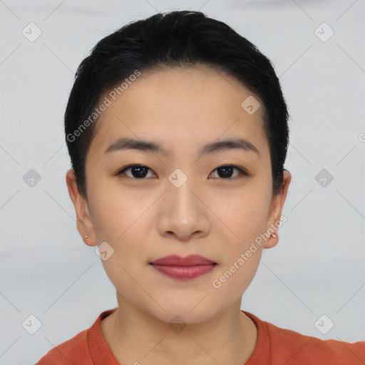 Joyful asian young-adult female with short  black hair and brown eyes