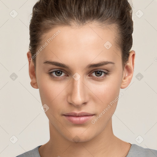 Neutral white young-adult female with short  brown hair and brown eyes