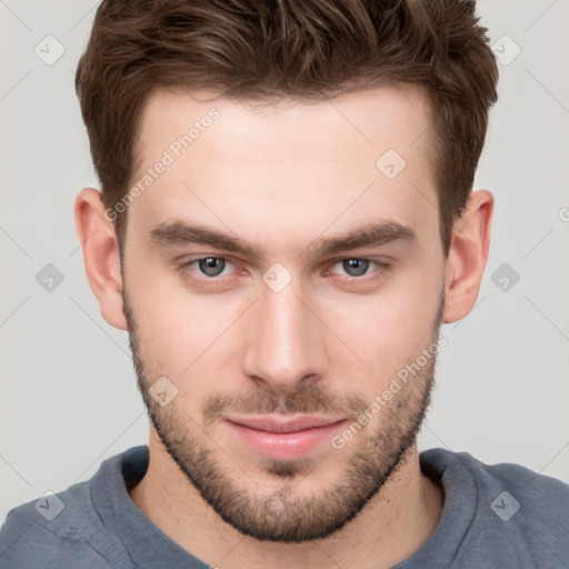 Neutral white young-adult male with short  brown hair and grey eyes