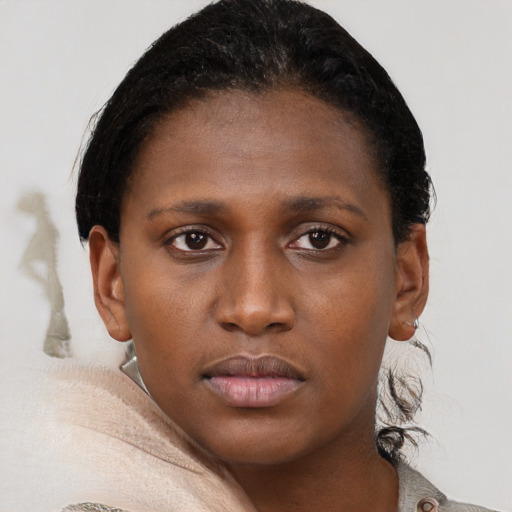 Neutral black young-adult female with short  brown hair and brown eyes