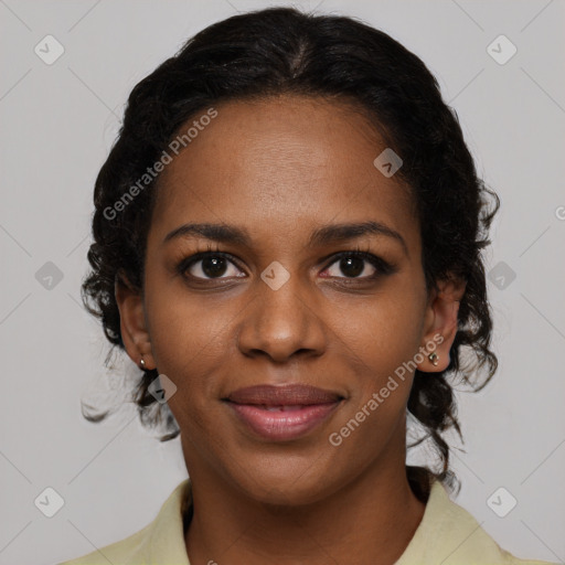 Joyful black young-adult female with medium  black hair and brown eyes