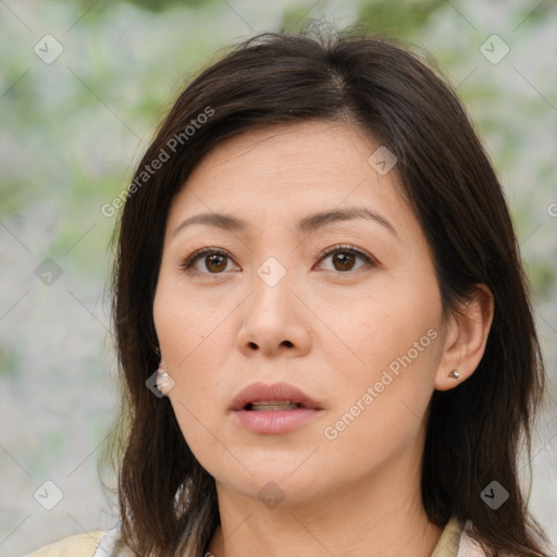 Neutral asian young-adult female with medium  brown hair and brown eyes