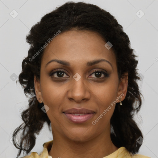 Joyful black young-adult female with medium  brown hair and brown eyes