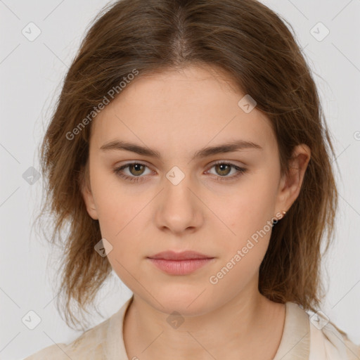 Neutral white young-adult female with medium  brown hair and brown eyes