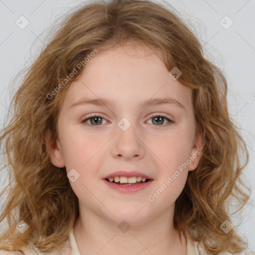 Joyful white child female with medium  brown hair and brown eyes