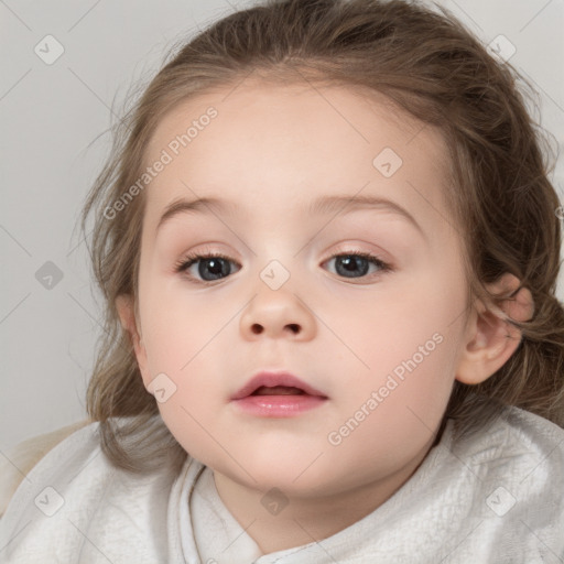 Neutral white child female with medium  brown hair and blue eyes