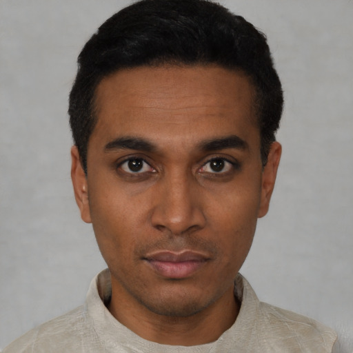 Neutral black young-adult male with short  black hair and brown eyes