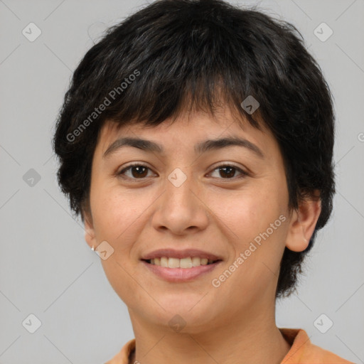 Joyful white young-adult female with short  brown hair and brown eyes